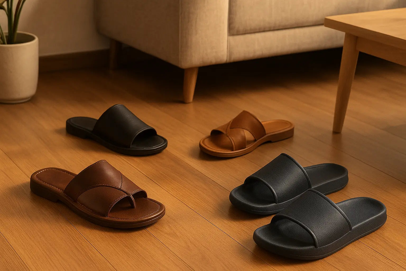 Comfortable men’s slippers in multiple styles including leather chappals and foam slides, photographed indoors with natural warm light on a wooden floor, lifestyle product image.