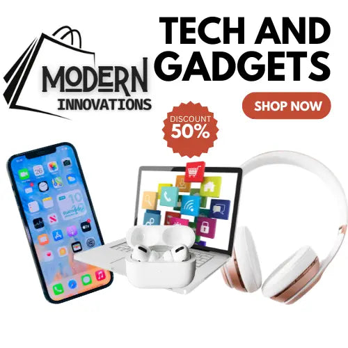 Modern Innovations tech gadgets shop logo with smartphone, laptop, earphones, headphones, 50% discount