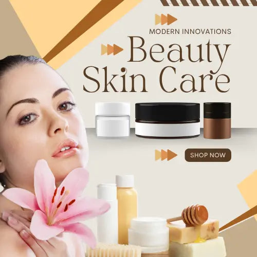 Beauty skin care banner with woman holding pink lily, skincare cream jars, soap, and honey